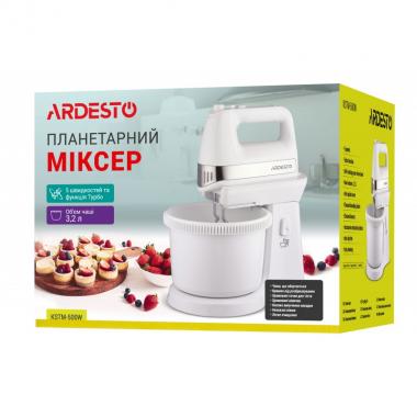 ARDESTO Міксер з чашею Ardesto KSTM-500W - 500Вт/5 швидк.+турбо/ 2 віничка/2 гачка/біли