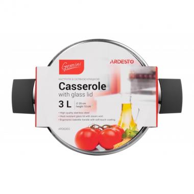 ARDESTO Casserole Gemini, glass lid, 3 l, stainless steel